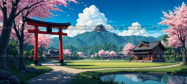 Torii entrance, wooden shrine , blooming sakura , hanami, reflective pond koi, historic castle , shiro, lush gardens, and scenic mountains, evoking authentic Japanese heritage. Стоковое AI-изображение, AI-художник Андрей Ка / Фотобанк Лори