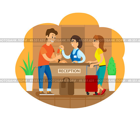 Tourists on reception vector, man and woman standing by counter with baggage. Couple traveling together, accomodation in hotel, guest house receptionist. Hotel Reception Receptionists Checking In Tourists. Стоковая иллюстрация, агентство Ingram Publishing / Фотобанк Лори