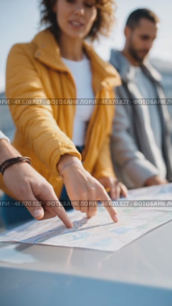 Tourists planning road trip using map. Стоковое AI-видео, аниматор Юрий Поздников / Фотобанк Лори