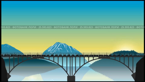 Товарный поезд едет по мосту на фоне горного пейзажа. Стоковая анимация, аниматор Миронов Алексей / Фотобанк Лори