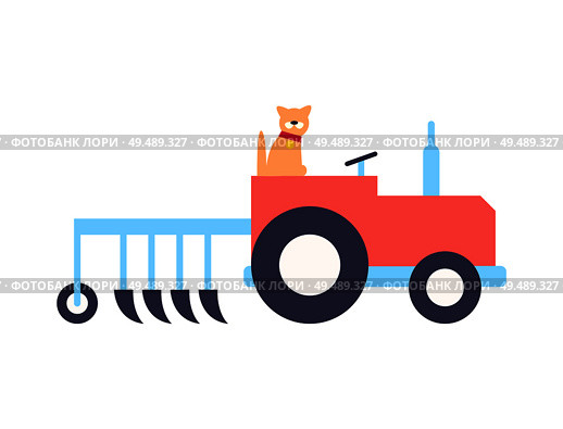 Tractor with plow for work on farm cartoon vector icon. Transport with cat sitting in cabin, isolated badge in cartoon style, farming theme sample. Tractor with Plow for Work on Farm Vector Icon. Стоковая иллюстрация, агентство Ingram Publishing / Фотобанк Лори