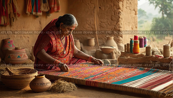 Traditional Indian weaver crafting on handloom in village settingries. Стоковое AI-изображение, AI-художник Анна Маркина / Фотобанк Лори