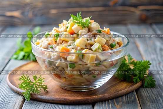 Traditional Russian Olivier salad for a feast on a plate on a wooden countertop. generative AI. Стоковое AI-изображение, AI-художник Photojuli / Фотобанк Лори
