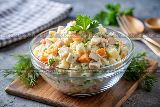 Traditional Russian Olivier salad for a feast on a plate on a wooden countertop. generative AI. Стоковое AI-изображение, AI-художник Photojuli / Фотобанк Лори