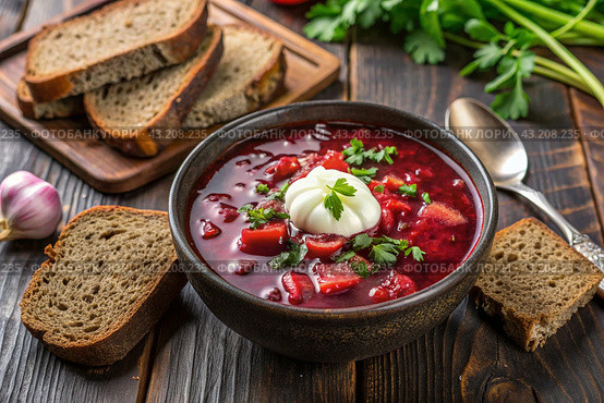 Traditional Ukrainian and Russian borscht in a stylish ceramic plate with herbs, sour cream and garlic. Beetroot borscht with parsley, coriander and bacon with black bread. Стоковое AI-изображение, AI-художник Photojuli / Фотобанк Лори