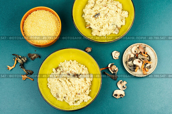 Traditional Ukrainian millet porridge with roasted mushrooms in a ceramic dish. Flat lay.. Pearl millet with fried mushrooms. Стоковое фото, агентство Ingram Publishing / Фотобанк Лори