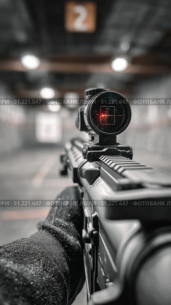 Trained military personnel gripping assault rifle, red dot sight aligned, capturing intense first person viewpoint during tactical firearm training scenario. Стоковое AI-изображение, AI-художник Юрий Поздников / Фотобанк Лори