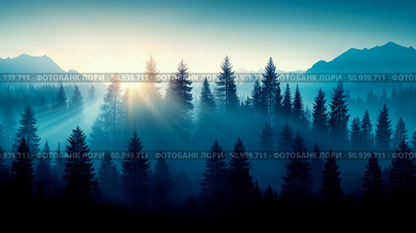 Tranquil Mountain Forest Landscape with Sunrays. Стоковое AI-изображение, AI-художник Данила Большаков / Фотобанк Лори