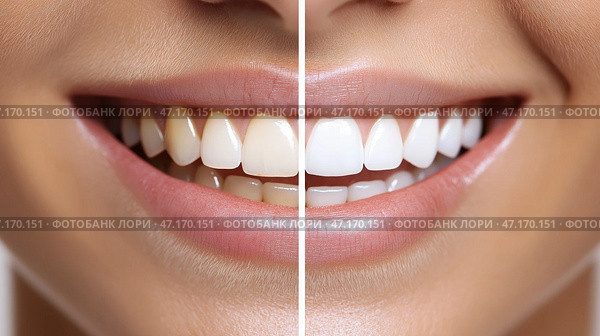 Transformation of a patient's smile shown in detailed before-and-after comparison of dental treatment results. Визуальное сравнение демонстрирует улыбку пациента до и после стоматологического лечения, подчеркивая значительные улучшения в яркости и выравнивании зубов. Стоковое AI-изображение, AI-художник Katsiaryna Repich / Фотобанк Лори