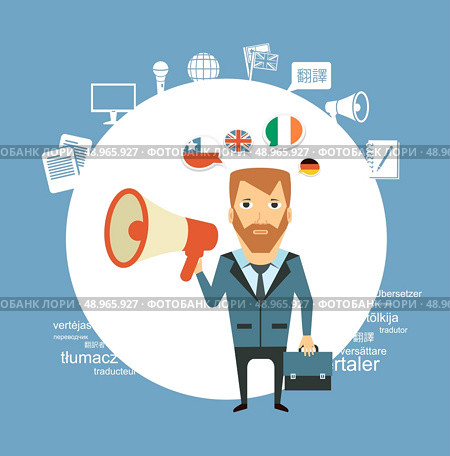 translator  says in speaker illustration . Flat modern style vector design . Стоковая иллюстрация, агентство Ingram Publishing / Фотобанк Лори