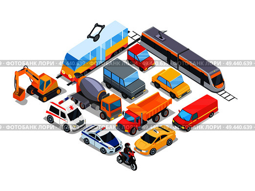 Transport collection poster with transports, cars and tram, train and bulldozer, urban elements, vector illustration isolated on white background. Transport Collection Poster Vector Illustration. Стоковая иллюстрация, агентство Ingram Publishing / Фотобанк Лори