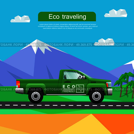 Transport. Picture of isolated green classical pickup near mountains. Ecologically clean car driving down road. Cheap mean of transportation. Four-wheeled automobile in cartoon style. Vector. Transport. Green Pickup on Road near Mountains. Стоковая иллюстрация, агентство Ingram Publishing / Фотобанк Лори