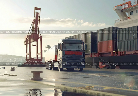Transportation and logistics truck on motorway and industrial container cargo with icon of network distribution on blue background. Стоковое AI-изображение, AI-художник Ярославский Максим / Фотобанк Лори