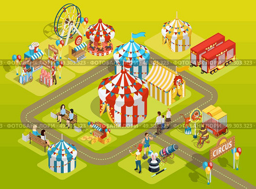 Travel Circus Fairground Isometric Layout Poster. Travel circus attractions isometric composition amusement park schema with striped tents  observation wheel and visitors vector illustration. Стоковая иллюстрация, агентство Ingram Publishing / Фотобанк Лори