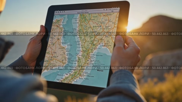 Traveler using a digital tablet with a map app outdoors at sunrise in the mountains. Concept of adventure, navigation, and modern exploration. Стоковое AI-видео, аниматор Sergey Grishin / Фотобанк Лори