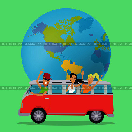 Traveling by minibus. Happy young people waving in minibus on background of globe. Friends on summer trip in classic van. Happy tourist. Smiling flat personages. Vector illustration.. People Traveling by Minibus. Стоковая иллюстрация, агентство Ingram Publishing / Фотобанк Лори