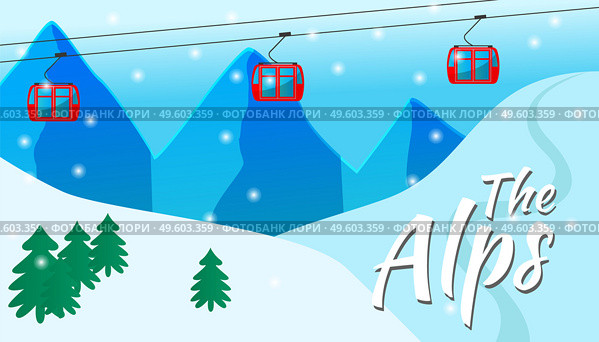 Traveling in the snowy Alps. Funicular with red cabins, cableway, snowy white hills, skiing, trip to the mountains. Active winter holidays. Luxury resort. Snowflakes and Christmas trees. Flat image. Trip to the Alps for the winter holidays. Snow peaks, funicular. Skiing, snowboarding. Flat image. Стоковая иллюстрация, агентство Ingram Publishing / Фотобанк Лори