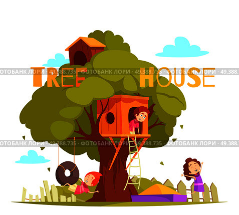 Tree house between green foliage with ladder, hanging tire, sand box and children during play vector illustration. Tree House Illustration. Стоковая иллюстрация, агентство Ingram Publishing / Фотобанк Лори