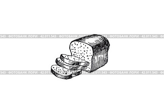 Три отрезанных ломтика хлеба рядом с оставшейся целой частью. Репродукция графического рисунка со старинной книги сделана в январе 2024 года. Редакционное фото, фотограф Сергей Никифоров-Гордеев / Фотобанк Лори