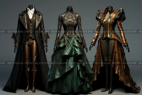 Trio of elegant vintage costumes on mannequins. Стоковое AI-изображение, AI-художник Иван Рябоконь / Фотобанк Лори