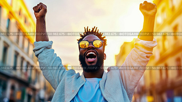 Triumphant Man in City at Sunset: Celebrating Success in Urban Setting. Стоковое AI-изображение, AI-художник Данила Большаков / Фотобанк Лори