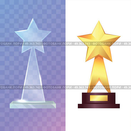 Trophys. Two Awards. Glass and Golden Rewards. Trophy. Two awards. Glass and golden rewards. Shiny, glossy prize with star on top and offshoots. Little brown basement. Glass star prize on transparent background. Flat design. Vector illustration. Стоковая иллюстрация, агентство Ingram Publishing / Фотобанк Лори