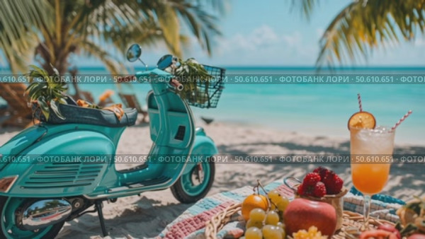 Tropical Beach Getaway With Blue Scooter and Fresh Fruit Picnic. Стоковое AI-видео, аниматор Юлия Гапеенко / Фотобанк Лори