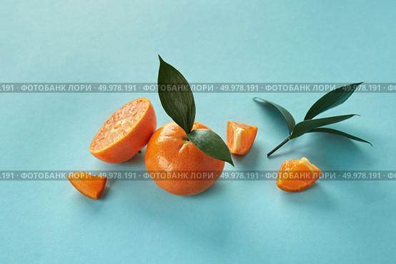 Tropical exotic citrus fruits mandarine whole and slices with green leaves on a blue paper background. Exotic citrus fruits with green leaves on a blue paper background. Стоковое фото, агентство Ingram Publishing / Фотобанк Лори
