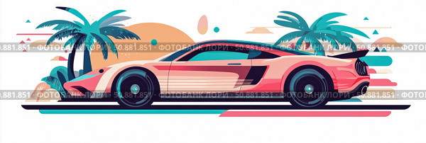 Tropical Getaway: sleek coupe cruising against a stylized island with palm, conjuring a vibrant summer mood. Стоковое AI-изображение, AI-художник Данила Большаков / Фотобанк Лори