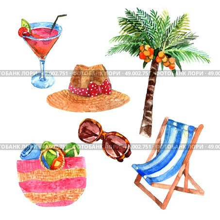 Tropical island  vacation  travel  watercolor icons set with coconut palm and  straw sunhat abstract vector isolated illustration. Tropical vacation travel watercolor icons set. Стоковая иллюстрация, агентство Ingram Publishing / Фотобанк Лори