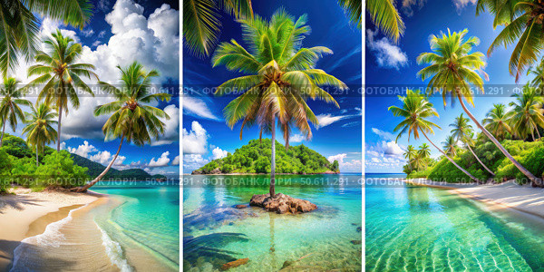 Tropical Paradise Triptych: Palm Trees, Sandy Beaches, and Crystal Clear Water. Generative AI. Стоковое AI-изображение, AI-художник Roman Zavorotny / Фотобанк Лори