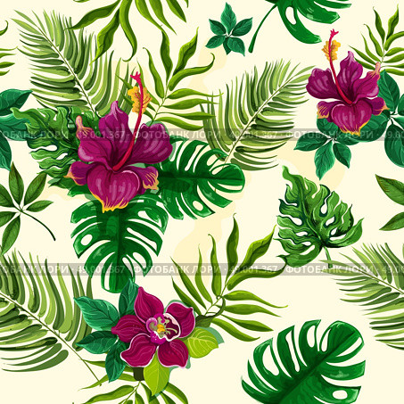 Tropical plants flowers seamless pattern. Exotic tropical rainforest plants opulent green leaves with hibiscus flowers wrap paper seamless pattern abstract vector illustration. Стоковая иллюстрация, агентство Ingram Publishing / Фотобанк Лори