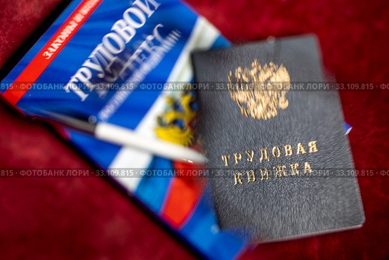 Трудовая книжка, Трудовой кодекс Российской Федерации и ручка лежат на столе. Стоковое фото, фотограф Николай Винокуров / Фотобанк Лори