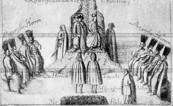 Цари Иоанн и Петр принимают иностранных послов. Из голландского издания 1694 года. Стоковая иллюстрация, иллюстратор Мария Кылосова / Фотобанк Лори