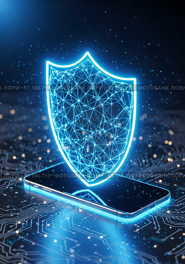 Цифровой щит, светящийся на экране смартфона на фоне схемы. Стоковое AI-изображение, AI-художник Елена Болотина / Фотобанк Лори