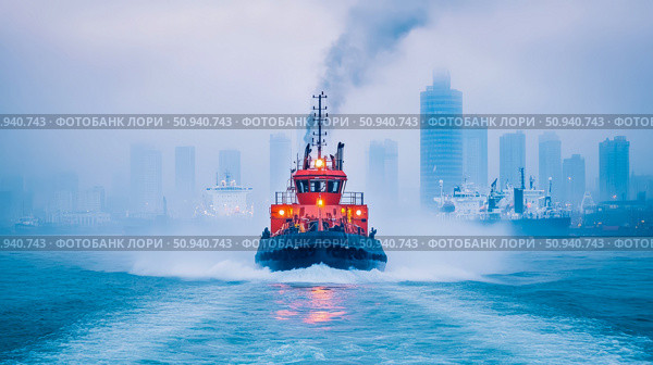 Tugboat navigating through a foggy harbor with city skyline. Стоковое AI-изображение, AI-художник Данила Большаков / Фотобанк Лори