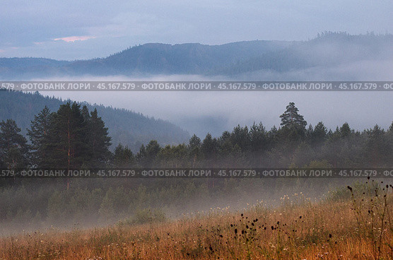 Туманный летний закат на Южном Урале. A misty summer sunset in the Southern Urals. Стоковое фото, фотограф Евгений Романов / Фотобанк Лори
