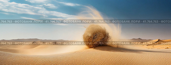Tumbleweed rolling in desert sand dunes. Made of roofs of the plants. Symbol of desolation and empty expanses, unknown destinations, mysterious, moving across the land at the mercy of the winds. Стоковое AI-изображение, AI-художник Igor Tichonow / Фотобанк Лори