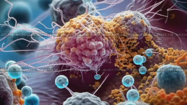 Tumor microenvironment background with cancer cells, T-Cells, nanoparticles, molecules, and blood vessels. Oncology research concept. Стоковое AI-видео, аниматор Ирина Старикова / Фотобанк Лори