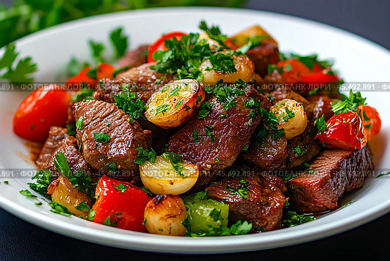 Тушеное мясо с овощами и зеленью. Стоковое AI-изображение, AI-художник Щеголева Ольга / Фотобанк Лори