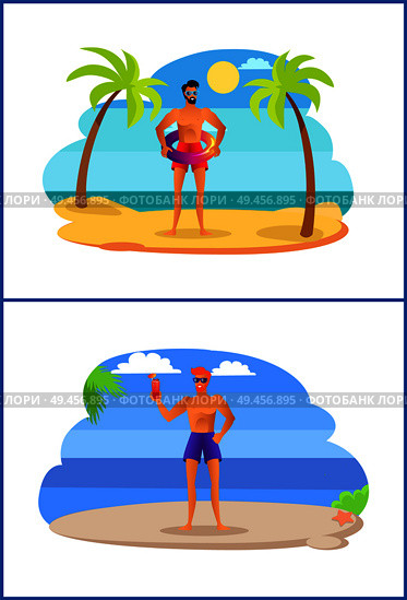 Two athletic men having fun at summer on tropical shore with palm trees. Sportive male in sunglasses with refreshing cocktail vector sunburn sexy boys. Two athletic Men Fun at Summer on Tropical Shore. Стоковая иллюстрация, агентство Ingram Publishing / Фотобанк Лори