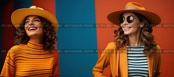 Two beautiful brunette with curly hair in sunglasses posing in front of the camera in a yellow studio. Стоковое AI-изображение, AI-художник Ярославский Максим / Фотобанк Лори