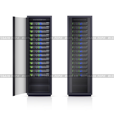 Two Black Server Racks Realistic Illustration . Two black adjustable computer server racks enclosures boxes design icons print realistic isolated vector Illustration. Стоковая иллюстрация, агентство Ingram Publishing / Фотобанк Лори