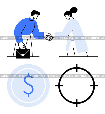Two businesspeople shaking hands, one holding a briefcase. Dollar sign and target symbol below. Ideal for partnerships, deal-making, business success, financial goals, investment, agreements. Business handshake with briefcase and financial symbols representing partnership and target goals. Стоковая иллюстрация, агентство Ingram Publishing / Фотобанк Лори