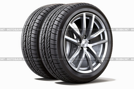 Two car tires with alloy wheels standing on white background. Стоковое AI-изображение, AI-художник Иван Рябоконь / Фотобанк Лори