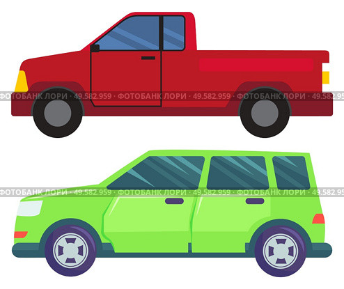Two cars isolated on white background. Green large minivan or multi purpose vehicle. Red american pickup with big boot. Auto to drive and get your destination quickly. Vector illustration flat style. Big Cars Isolated on White, Pickup and Minivan. Стоковая иллюстрация, агентство Ingram Publishing / Фотобанк Лори