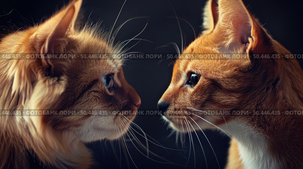 Two cats are looking directly at each other against a solid black backdrop, their expressions curious and attentive. Стоковое AI-изображение, AI-художник Данила Большаков / Фотобанк Лори