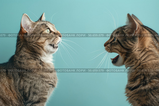 Two cats meowing face to face on turquoise background. Стоковое AI-изображение, AI-художник Иван Рябоконь / Фотобанк Лори