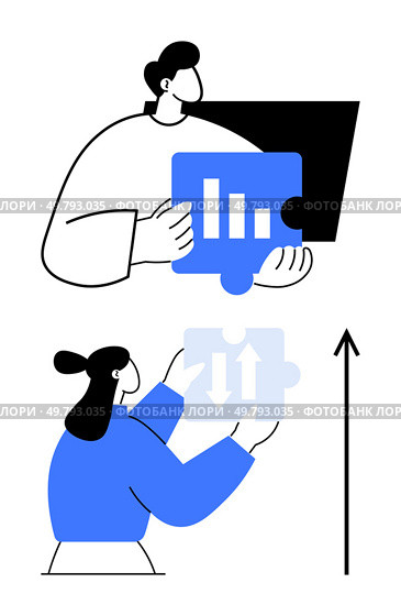Two characters interact with puzzle pieces featuring graphs and arrows. Ideal for teamwork, innovation, strategy, growth, collaboration, problem-solving, analysis. Line metaphor. Collaborative Problem Solving through Puzzle Pieces and Growth Concepts. Стоковая иллюстрация, агентство Ingram Publishing / Фотобанк Лори
