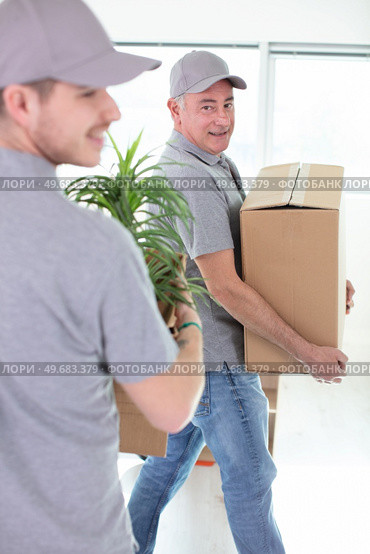 two cheerful removals men carrying belongings. Стоковое фото, агентство Ingram Publishing / Фотобанк Лори